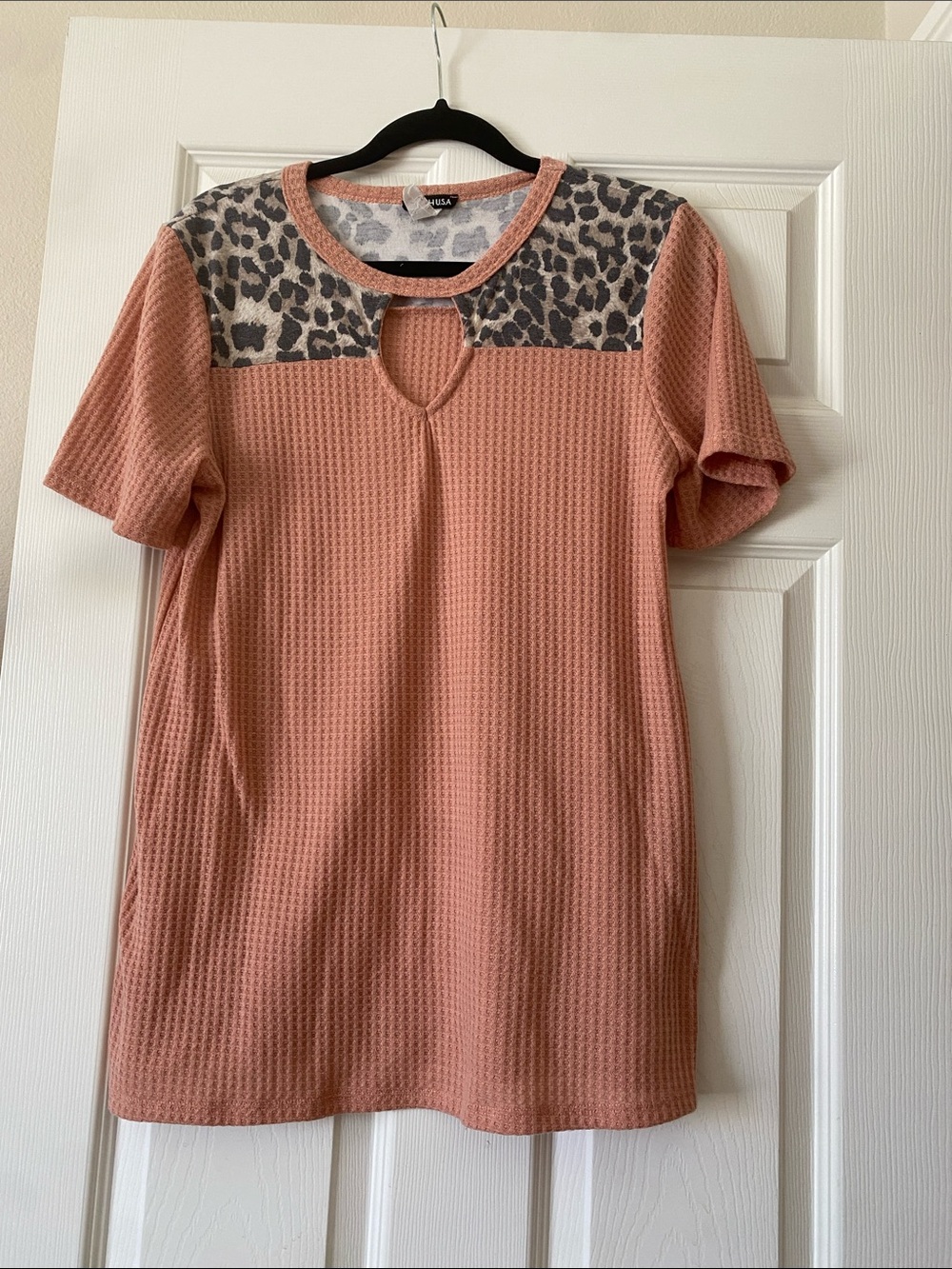 Heimish  Short Sleeve Top with Leopard Yoke